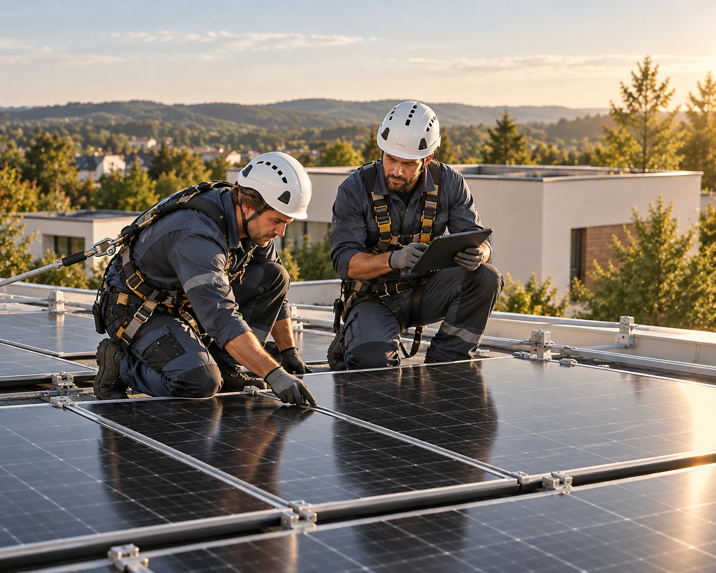 Reklamní fotografie techniků při kontrole fotovoltaických panelů