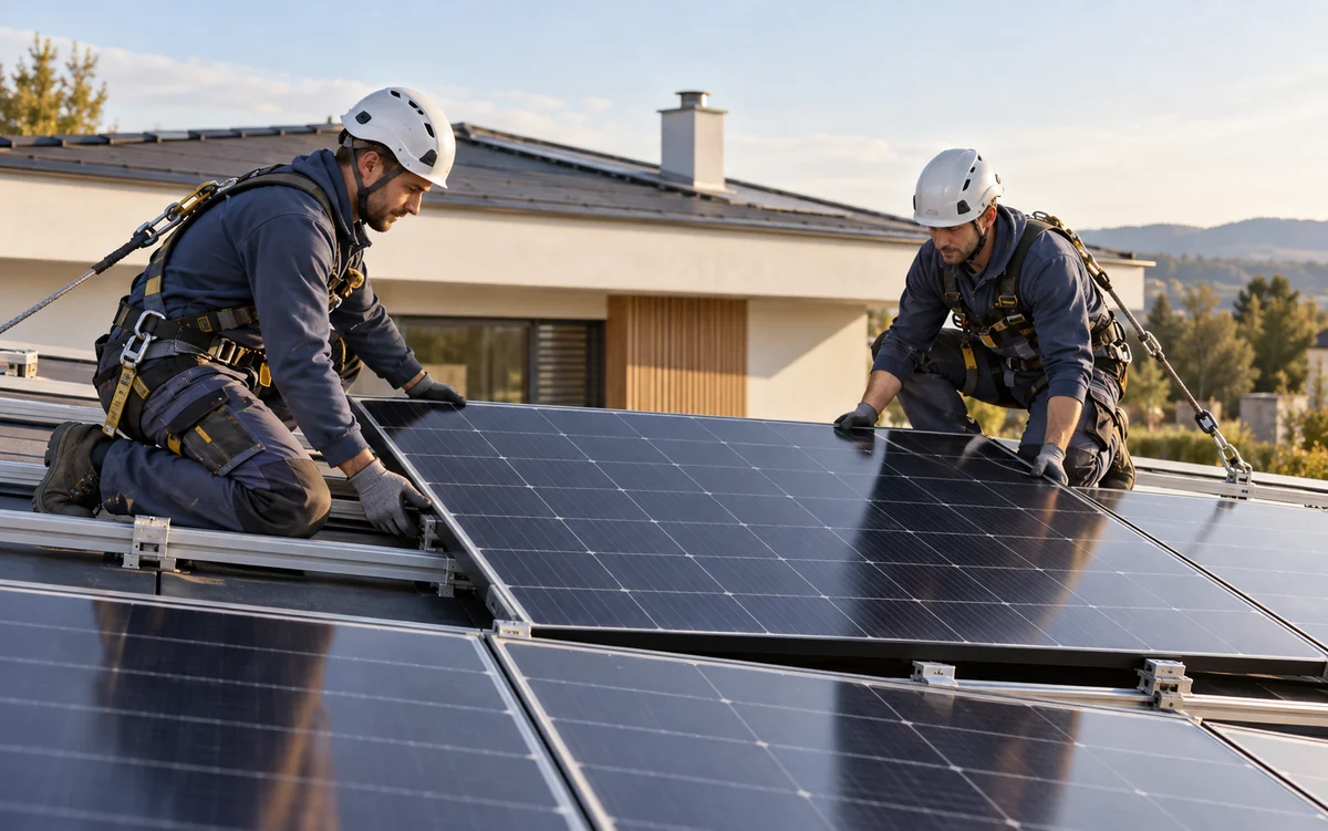 Dva technici montují fotovoltaický panel na střechu