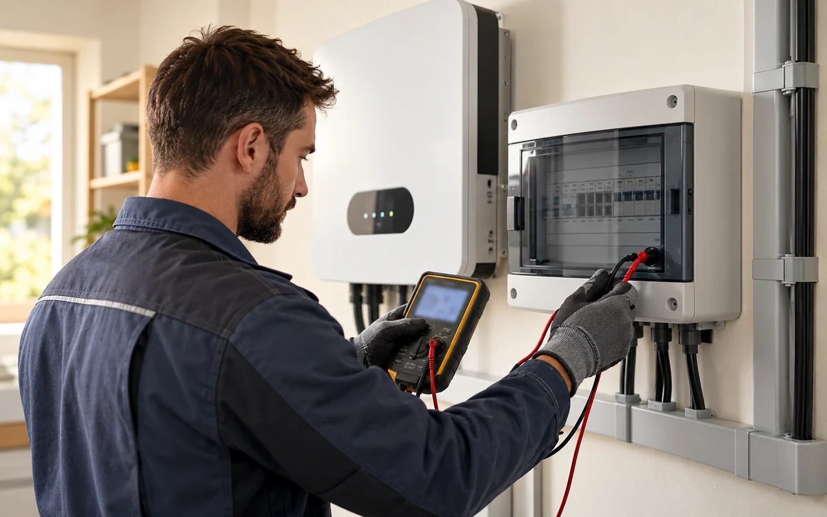 Technik měří a kontroluje fotovoltaickou elektroinstalaci