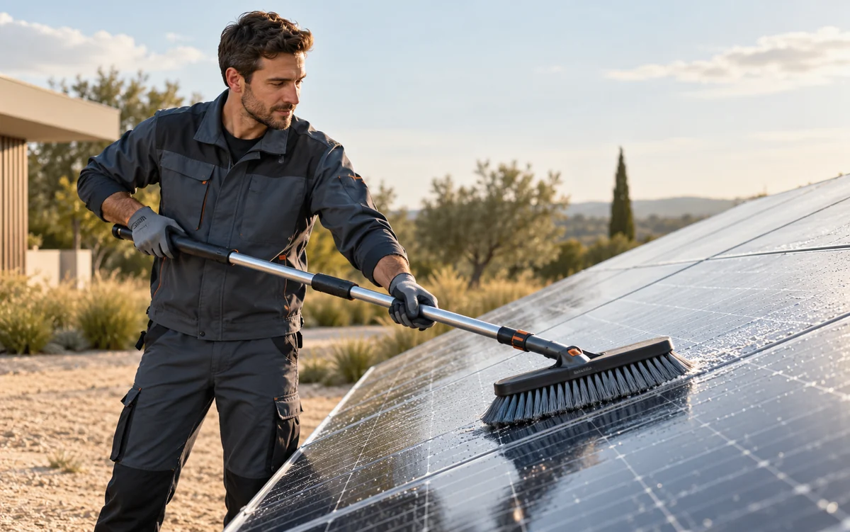 Servisní technik čistí fotovoltaické panely měkkým kartáčem